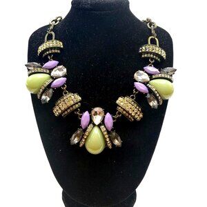 Vintage Statement Bib Necklace Rhinestone Purple Green Teardrop Chunky Boho Glam